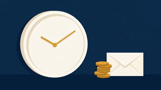 Reloj de pared con manecillas doradas junto a una pila de monedas y un sobre