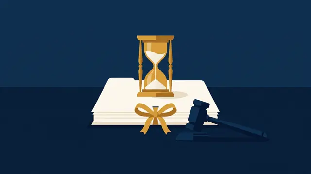 Reloj de arena dorado sobre una carpeta legal atada con cinta, junto a un mazo de juez