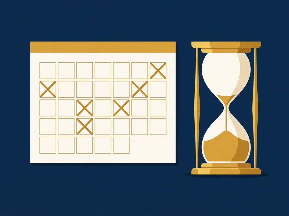 Calendario con días tachados junto a un reloj de arena que ya se vació