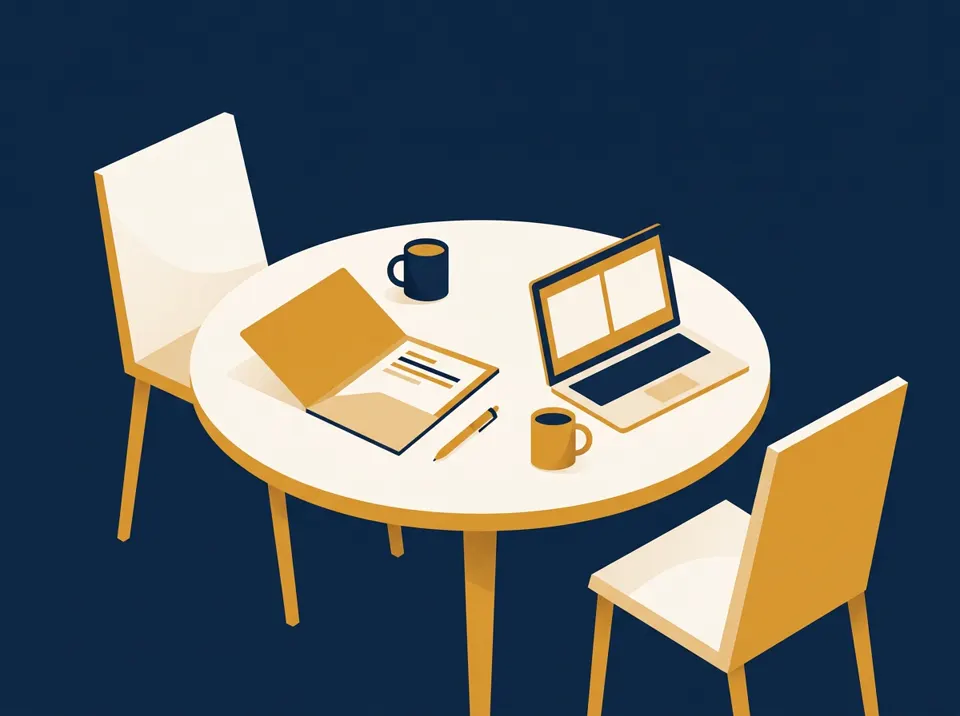 Mesa de reunión con dos sillas, una carpeta abierta, tazas de café y un computador con una videollamada